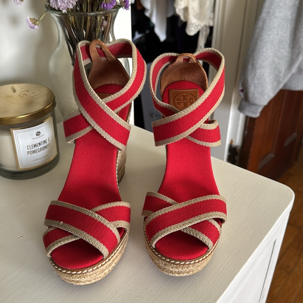Tory Burch Red and Beige Wedge Sandals - Picture 2 of 5